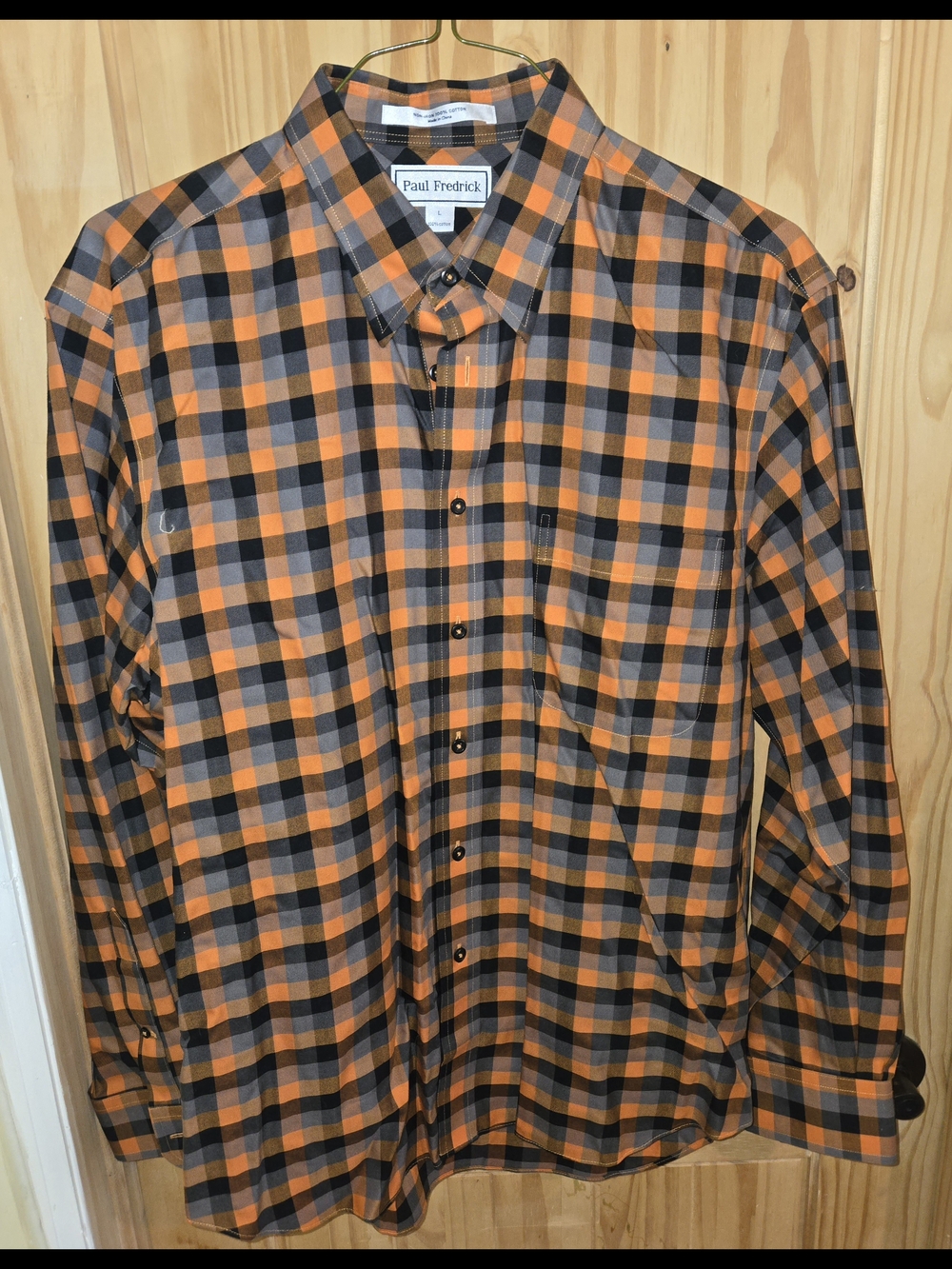 Paul Frederick Orange and Black Plaid Men's Button-Down Dress Shirt Size Large